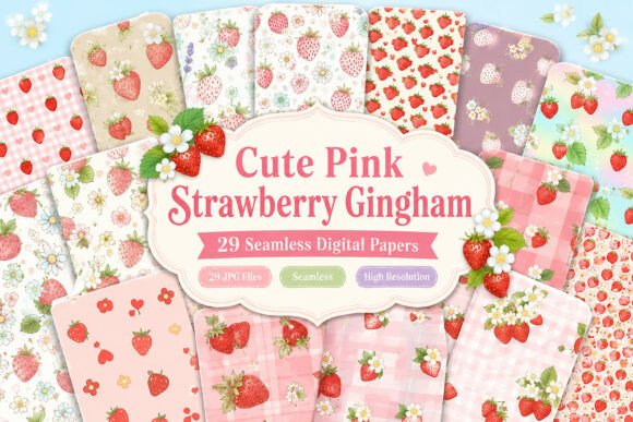 Download Cute Pink Strawberry Gingham Seamless - Gingham Collection